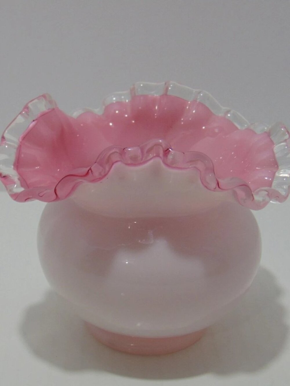 Vintage Fenton Rosalene Pink Silver Crest Ruffled Rose Bowl Vase Mid Century
